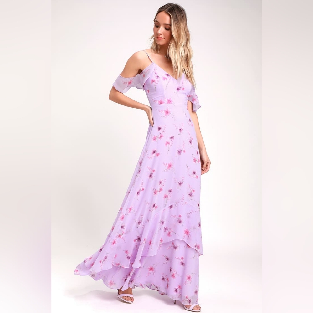Lulu's Lavender Floral Cold-Shoulder Maxi Dress